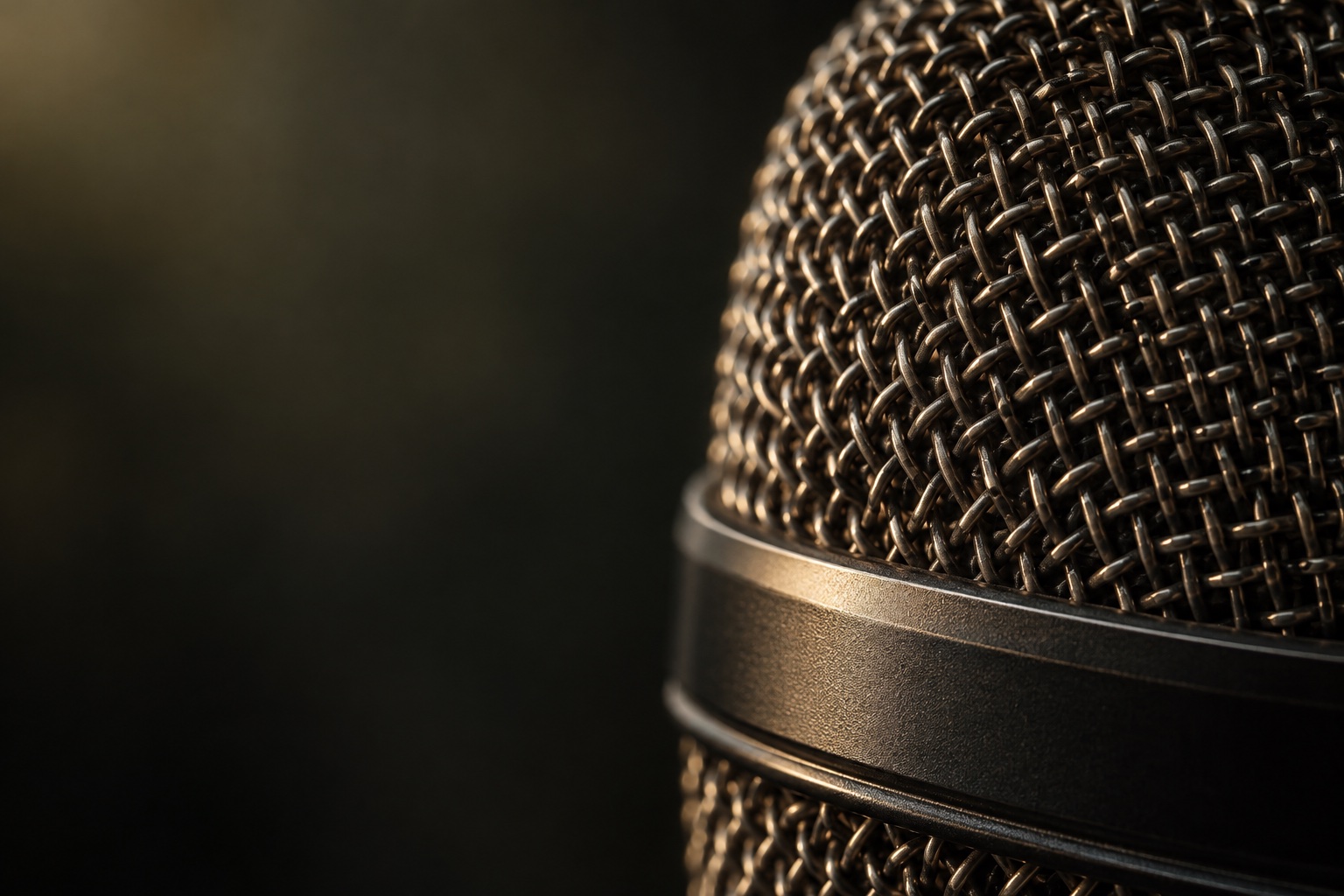 Close-up of a microphone grille against a dark abstract background